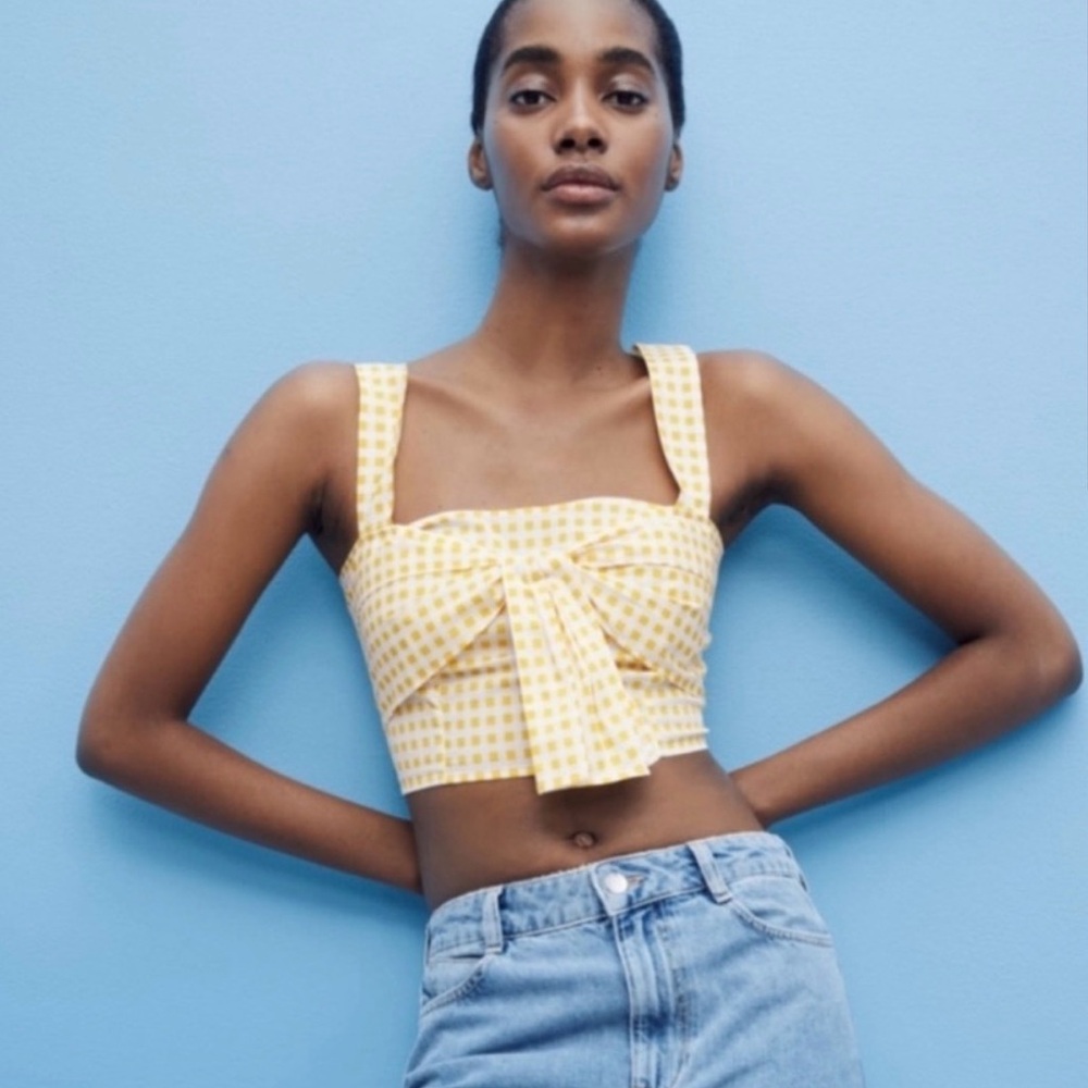 Zara yellow Gingham crop top smocked stretchy back size: S